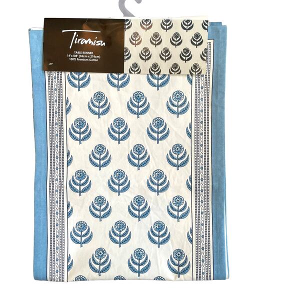 TIRAMISU Spring Summer Blue Floral 100% Premium Cotton 14 X 108 Table Runner NEW - Picture 1 of 5